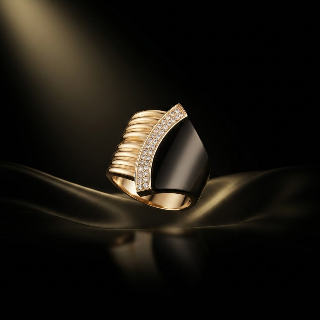 Anillo Abanico Oro y Negro con Circonias - Joyas JIA