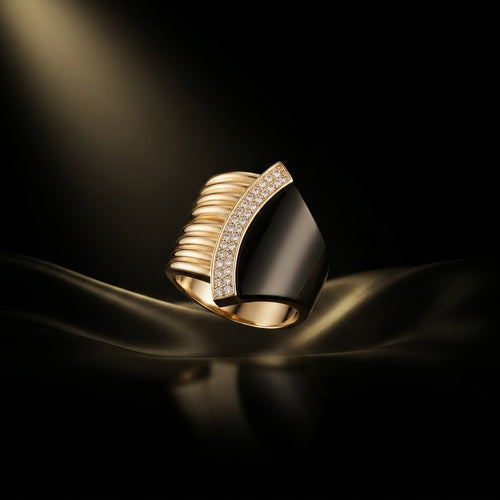 Anillo Abanico Oro y Negro con Circonias - Joyas JIA